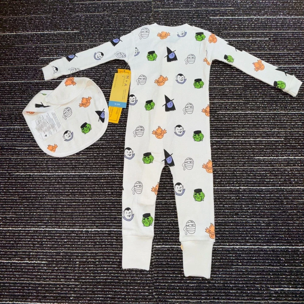 Monica + Andy Coverall Bib Set Kids 9-12M New Halloween Spooky Squad Organic
